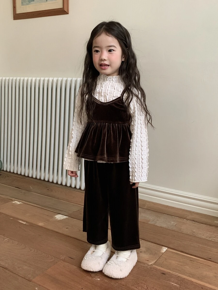 DAZY Baby Girl Solid Color Ruffle Hem Camisole Top And Long Pants Set - Coffee Brown - View 1