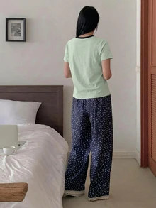 DAZY 2件組碎花拼接撞色女款睡衣套裝 - 綠色 - 查看 2