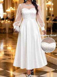 Fleurora Women Plus Size Contrast Mesh Beaded Decor Round Neck Long Sleeve Dress - Khaki - View 1