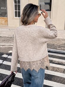 Serisse 女款素色圓領長袖蕾絲下擺拼接針織衫 - 卡其色 - 查看 2