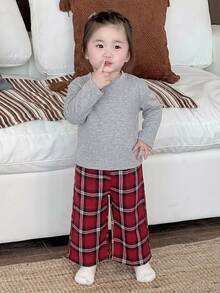 Dazy Kids 嬰兒女童休閒圓領T恤與格紋休閒長褲2件套居家服 - 灰色 - 查看 7