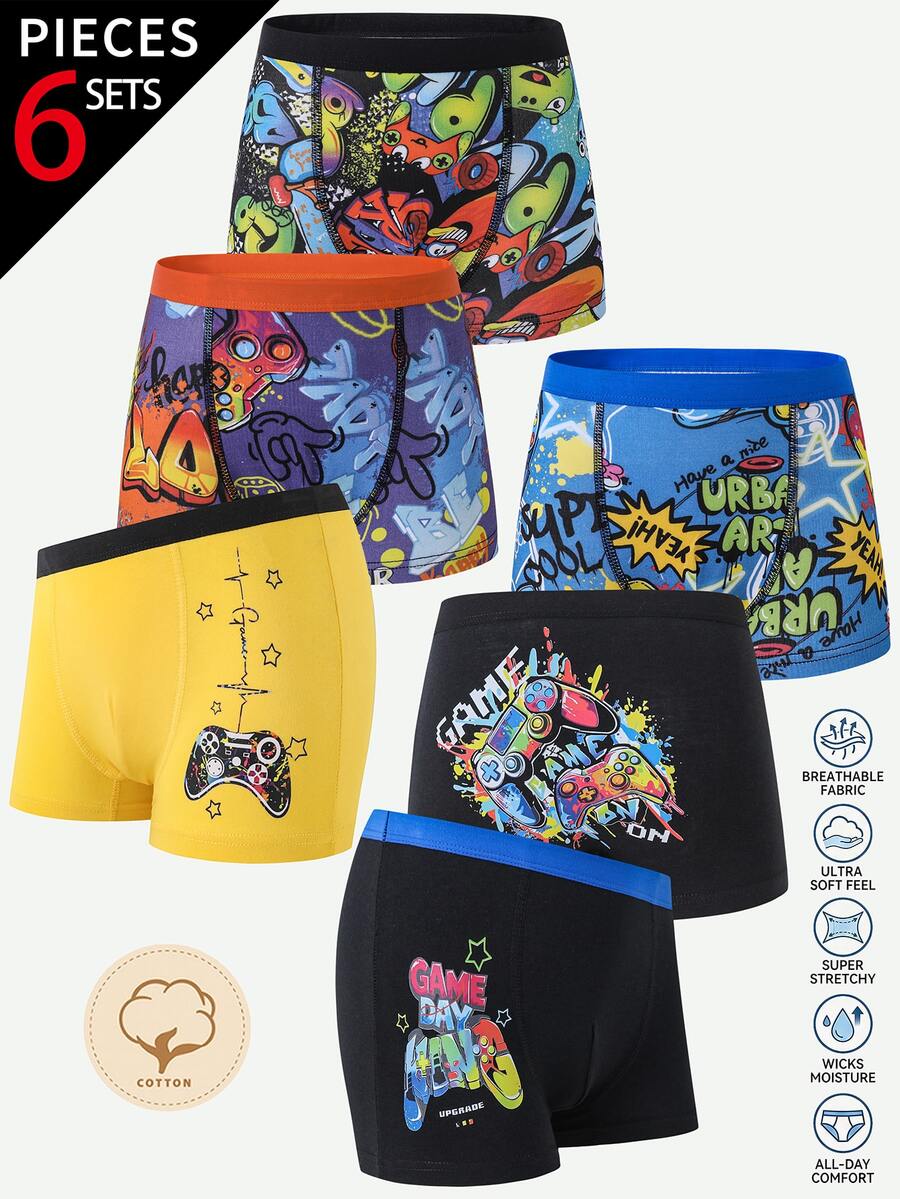 School Boy Lingerie Young Boys Traceable Cotton Comfortable Cute Colorful Game Console Game Controller Blue Black Multi-Color Multi-Print 6pcs Boxer Briefs - Multicolor - View 1