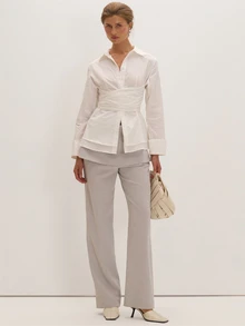 MUSEYN White Tie Waist Button Long Sleeve Fitted Shirt Versatile Lounge Everyday Date Night Chic New Season Fall - White - View 2