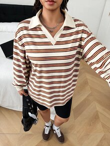 SHEIN EZwear 大尺碼女款條紋落肩長袖休閒寬鬆運動衫 - 白色 - 查看 5