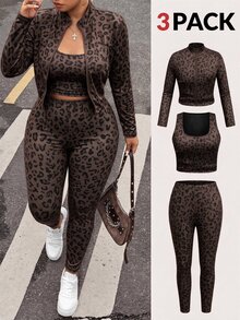 SHEIN EZwear 豹紋休閒大尺碼女款拉鍊方領背心與緊身褲套裝 - 咖啡棕 - 查看 1