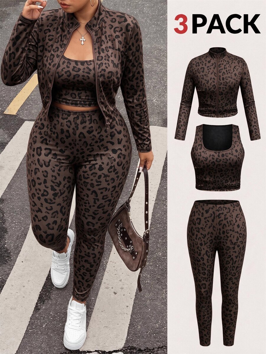 SHEIN EZwear 豹紋休閒大尺碼女款拉鍊方領背心與緊身褲套裝 - 咖啡棕 - 查看 1