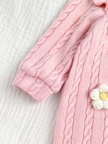 SHEIN 新生兒粉色可愛針織花卉連身衣 - 粉色 - 查看 6