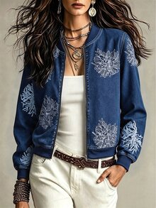 GlowEve Fall Casual Vintage Loose Zip Up Embroidered Flower Blue Denim Going Out Denim Top For Women - Blue - View 7
