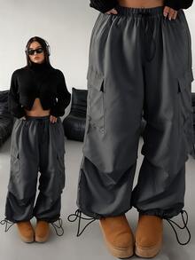 POPSWAY Pantalones cargo casuales holgados con cordón para tallas grandes - Gris Oscuro - Ver 1