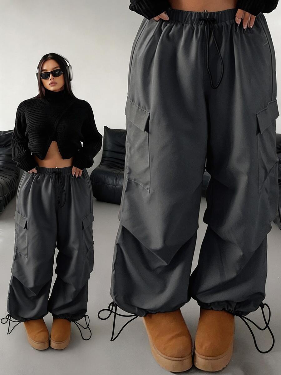POPSWAY Pantalones cargo casuales holgados con cordón para tallas grandes - Gris Oscuro - Ver 1