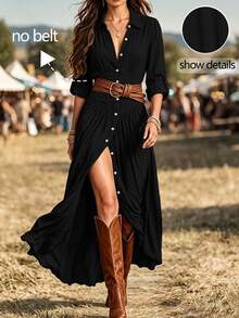 Hotletica Women's Lapel Pleated Waist Single-Breasted Long Dress In Army Green - Black - View 1