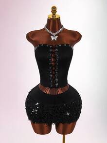 Amplova Women's Solid Color Eyelet Tie Design Bandeau Top And Fluffy Bodycon Skirt Sexy Fashion 2 Pieces Set - Black - View 4