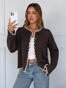 SHEIN EZwear 長袖圓弧下擺單排扣針織開襟衫 - 咖啡棕 - 查看 1
