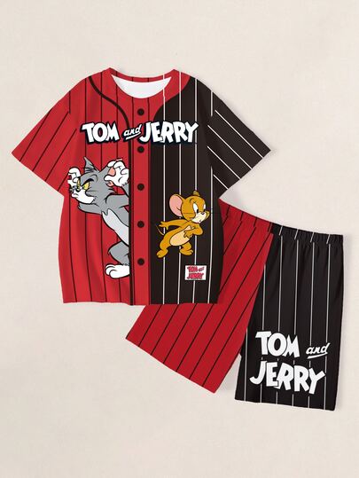 TOM & JERRY X SHEIN Tween Boy Letter Cartoon Graphic Short Sleeve T-Shirt And Shorts Casual Daily Outfit Set