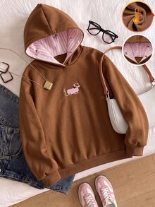 SHEIN Sparklyn 青少年女孩可愛臘腸狗刺繡連帽套頭衛衣 淡黃色學院風日系可愛條紋內裡口袋寬鬆秋冬休閒上衣 - 棕色 - 查看 3