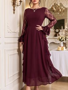 Roveilla Gaun Panjang Wanita Ukuran Besar Elegan Bergaya Vintage Romantis untuk Pesta Pernikahan, Bahan Chiffon Warna Polos, Leher Bulat, Lengan Berenda Kontras, Desain Ruffle, Musim Gugur/Dingin - Burgundy - View 7