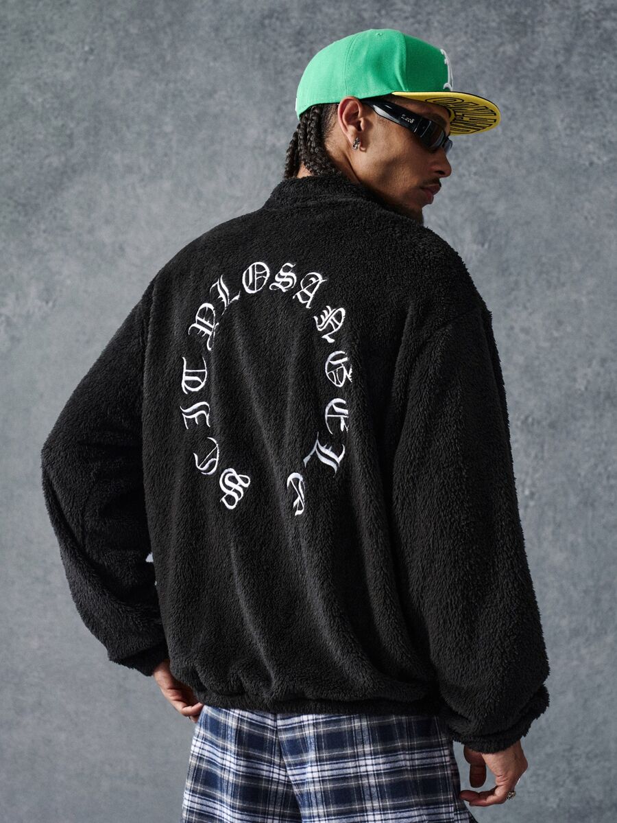 PAVTROS Jaket Pria Kasual Gaya Jalanan Vintage Fashion Patchwork Bordir Lengan Panjang Berbulu untuk Halloween - Hitam - View 1