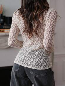 DAZY Women's Sweet & Sexy Sheer Lace Long Sleeve Top - White - View 4