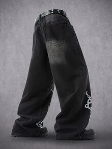 Manfinity Denimwave 男士復古黑灰色水洗寬鬆寬腿牛仔褲，鏈條圖案印花丹寧長褲，Y2K嘻哈街頭風寬鬆牛仔褲 - 黑色 - 查看 2