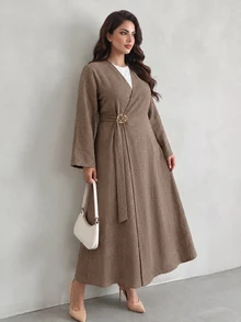 Auveirra Plus Size Women's Metal Decor Casual Versatile Long Sleeve Jacket - Brown - View 4