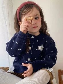 Hapijoa 女童秋季拼接撞色荷葉邊修身長袖圓領抽繩綁帶休閒開襟衫 - 藏蓝色 - 查看 8