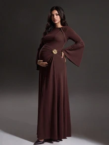 Cheriluna Maternity Elegant Solid Color Thermal Lined Maternity Dress - Coffee Brown - View 5