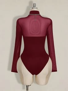 SHEIN ICON 大尺碼 Y2K 性感網紗拼接連身衣 - 酒紅色 - 查看 10