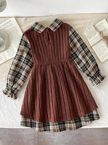 SHEIN 女童格紋領長袖洋裝，秋冬外出穿著，可愛優雅休閒日常款 - 咖啡 - 查看 5