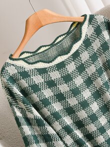 Story & Sage 女款棋盤格休閒秋冬長袖寬鬆毛衣，女款棋盤格休閒毛衣，秋冬休閒聖誕節女款毛衣 - 墨綠色 - 查看 4