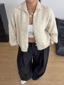 POPSWAY Plus Size Women's Autumn/Winter Dropped Shoulder Long Sleeve Single-Breasted Knit Cardigan - Apricot - View 6