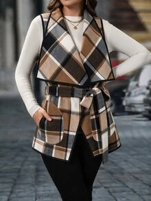 SHEIN 大尺碼女款秋冬新款時尚極簡格紋紋理布料腰部蝴蝶結無袖外套 - 卡其色 - 查看 1