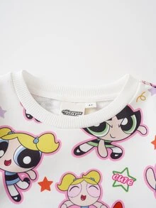 THE POWERPUFF GIRLS X SHEIN Young Girl Cartoon Pattern Casual Daily Long Sleeve Sweatshirt - White - View 4