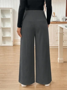 SHEIN 孕婦純色可調腰寬腿寬鬆休閒長褲 - 深灰色 - 查看 2