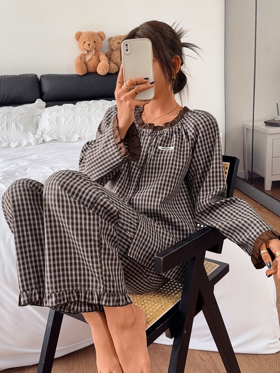 DAZY Women's Plaid Single-Breasted Top And Long Pants Pajama Set - Coffee Brown - View 1