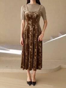 DAZY Elegant Waist-Flattering A-Line Midi Dress For Women - Brown - View 3