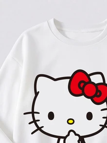 HELLO KITTY AND FRIENDS | SHEIN 女嬰春秋冬兩件套，圓領長袖印花衛衣搭配純紅色喇叭褲，可愛休閒幼兒套裝，適合日常穿著與外出 - 紅色 - 查看 5