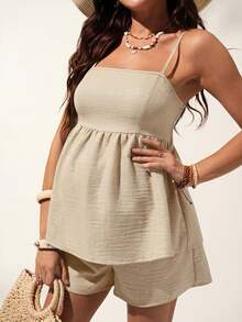 SHEIN Women's Casual Vacation Solid Color Ruffle Collar Cardigan & Shorts Maternity Set, Spring/Summer - Apricot - View 9