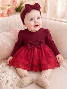SHEIN Baby Girl Puff Long Sleeve Bow Front Floral Lace Spliced Fall Winter Party Dress - Red - View 1