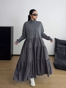 POPSWAY Plus Size Casual Zipper Half-Placket Striped Sweatshirt Dress - Dark Grey - View 1