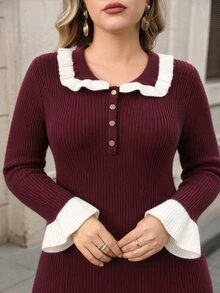 Modelyn Plus Size Women's Colorblock Flare Sleeve Button Design Ruffle Hem Elegant Core-Spun Yarn Knit Dress - Purple - View 4