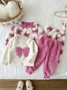 SHEIN 4Pcs Toddler Girl Sweatshirt + Pants Set Cute Pink White Bowknot Print Bow Fuzzy Fleece Long Sleeve Round Neck Thick Holiday Winter Princess Plush - Purple - View 9