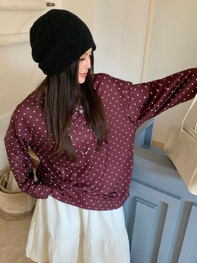 Dazy Plus Korean Style Polka Dot Loose Casual Versatile Brown Long Sleeve T-Shirt