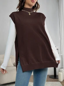 SHEIN Maternity Solid Color Stand Collar Side Slit Hem Casual Knit Vest - Coffee Brown - View 5