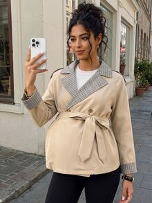 Momance Áo trench ngắn bầu phối cổ caro patchwork màu xám, phong cách công sở thanh lịch, cổ điển, thường ngày cho mùa thu - Màu Khaki - Xem 7