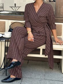Dazy Plus Fashion Striped Asymmetric Button-Up Shirt And Pants 2 Pieces Set, Playful Commuter Casual Outfit - Rust Brown - View 5