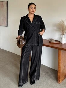 Dazy Plus Loose Long Sleeve Blazer Denim Jacket With Split Line Slimming Long Denim Pants 2 Pieces Set Spring Autumn - Black - View 3