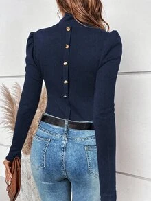 SHEIN Clasi 女款秋季簡約鈕扣裝飾泡泡袖高領長袖T恤 - 藏蓝色 - 查看 2