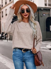 SHEIN 女款圓領落肩長袖休閒寬鬆套頭毛衣 - 淺粉色 - 查看 3