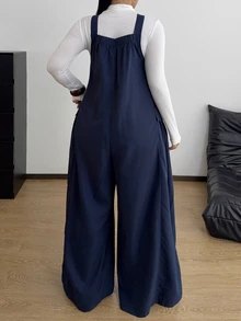POPSWAY Plus Size Casual Loose Wide Leg Overalls - Royal Blue - View 2