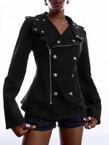 LYSMO Jaket Napoleon Kasual Lengan Panjang Kancing Ganda dengan Resleting di Bagian Depan untuk Wanita - Hitam - View 8